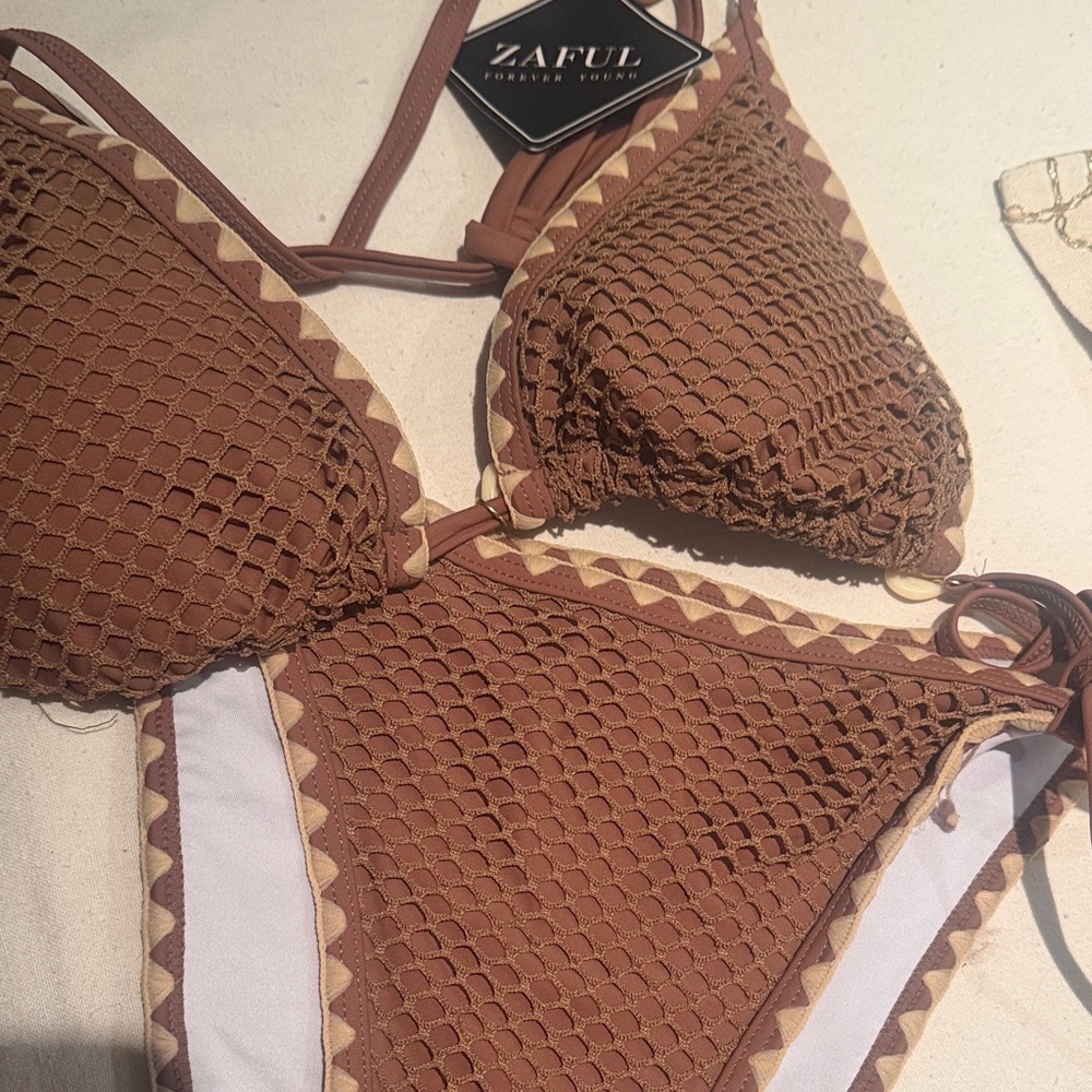 Zaful Brown Crochet Bikini Set